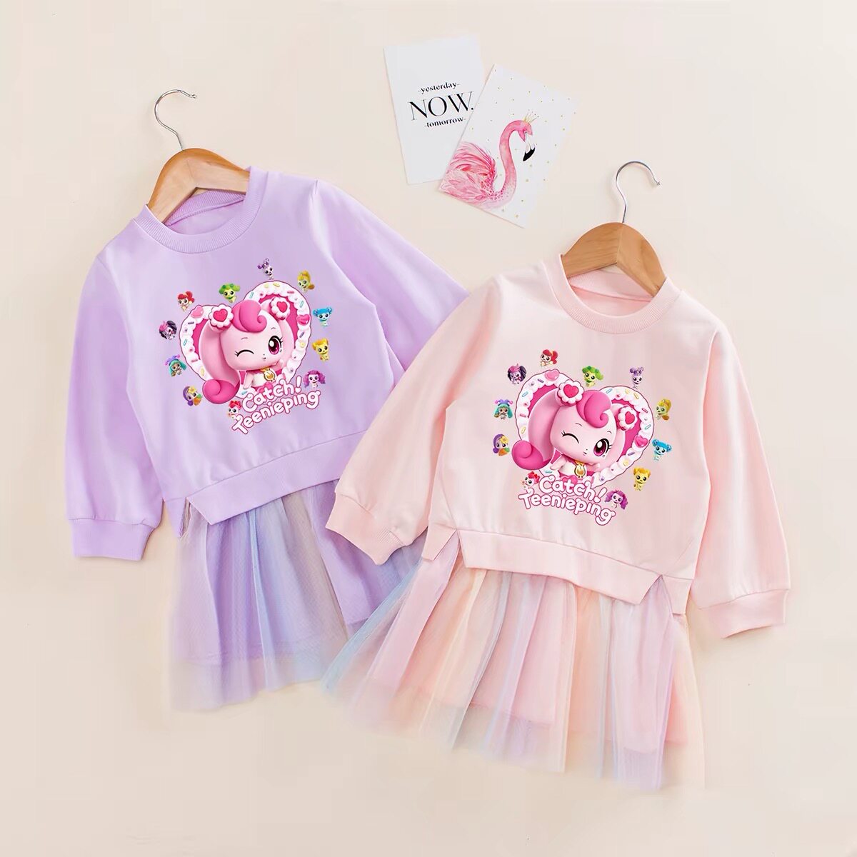 儿童春秋网纱公主裙女孩爱心萌可衣服女童纯棉长袖连衣裙彩虹裙粉