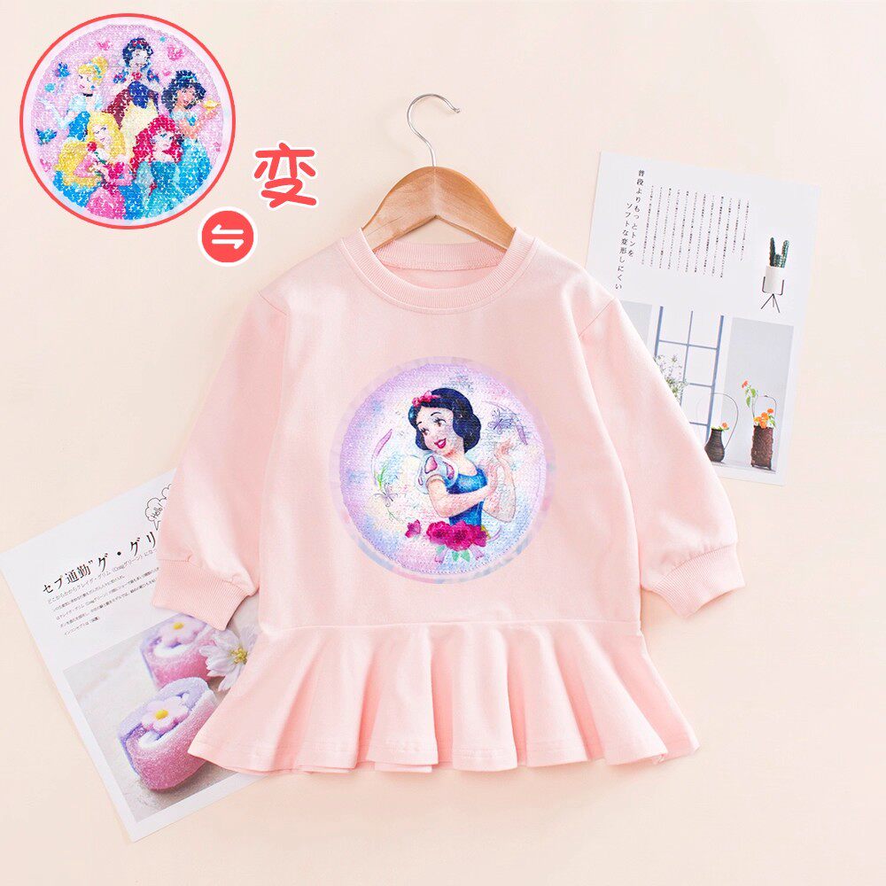 女童秋装连衣裙亮片可变图案衣服儿童长袖包臀裙宝宝白雪公主裙子