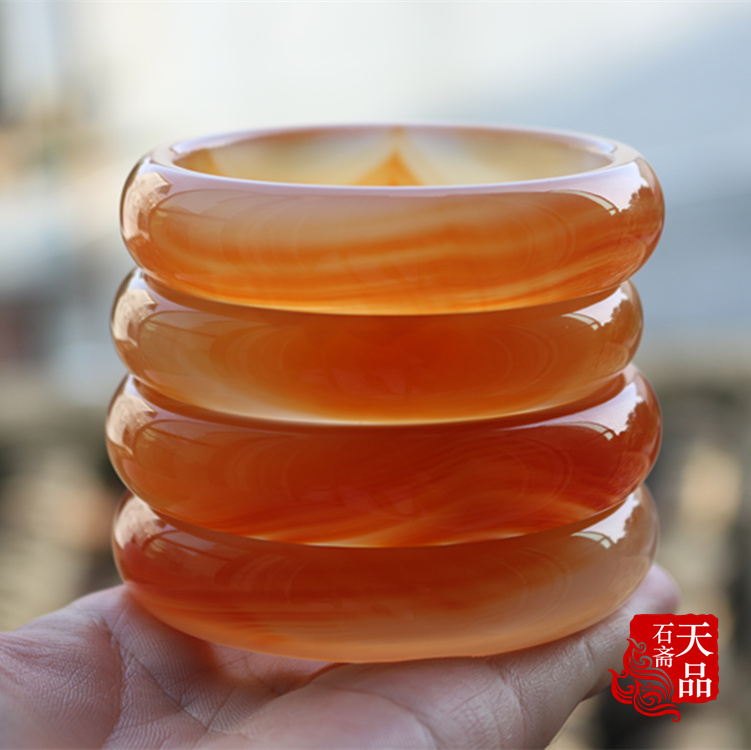 天然原色无优化冰透蜜糖色玉髓玛瑙中宽手镯纹路异象58mm-62mm