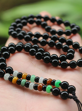 原色黑玛瑙翡翠玉石挂绳圆珠链