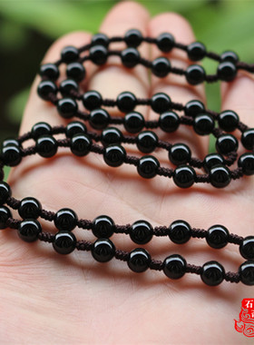 天然原色黑玛瑙玉髓挂绳圆珠链