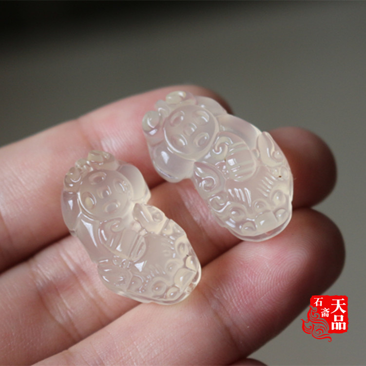 一对价天然原色冰透白玉髓玛瑙大小貔貅吊坠diy小配件