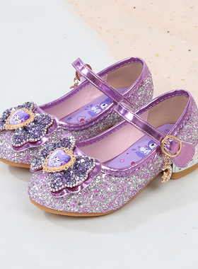 女童库洛米公主鞋紫色儿童高跟单鞋子小女孩水晶鞋春秋季新款皮鞋