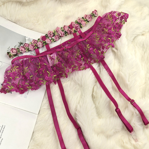 S-XL 小碎花刺绣 欧美外贸优雅浪漫性感防滑袜夹 法式吊袜带女