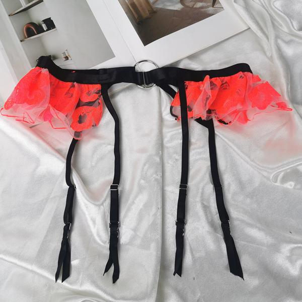 孤品 M/L  活力橘色 外贸网纱刺绣性感吊袜带女