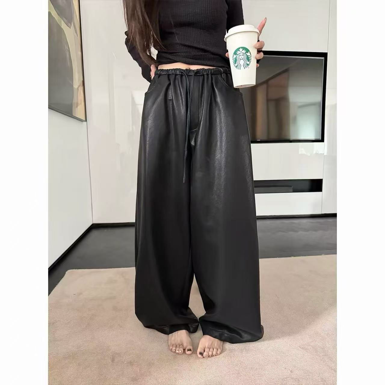 松紧腰抽绳皮裤女秋季新款宽松