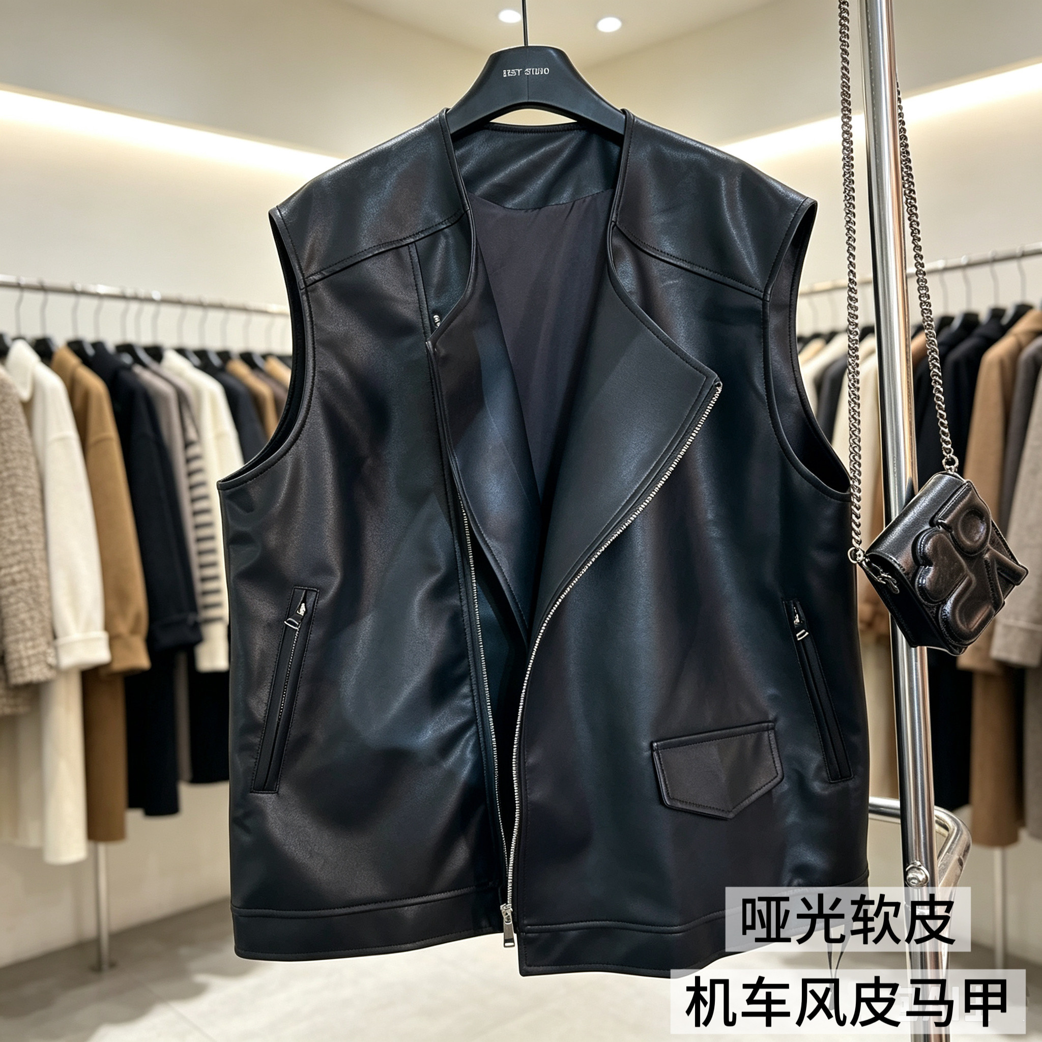 机车皮马甲女2026秋季新款宽松斜拉链皮衣坎肩休闲无袖外套PU马夹