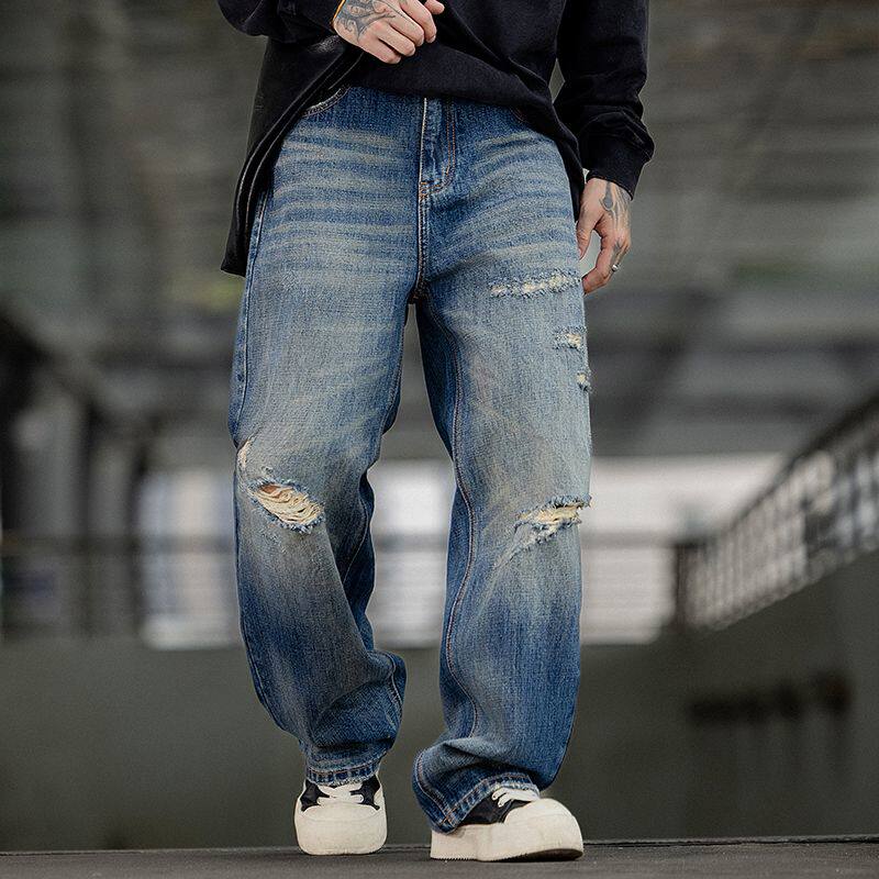 2026新款美式复古破洞牛仔裤男款宽松直筒阔腿裤痞帅高街风长裤子