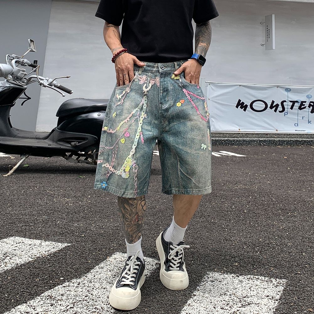 美式街头链条泼墨宽松牛仔短裤