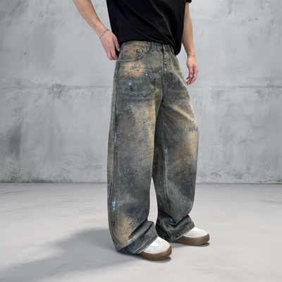 美式复古做旧宽松直筒牛仔裤男