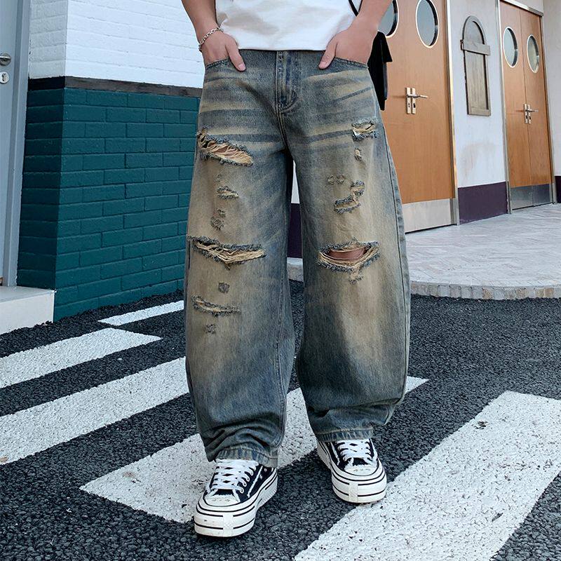 2026新款美式街头风破洞牛仔裤男宽松复古阔腿裤水洗做旧长裤子潮