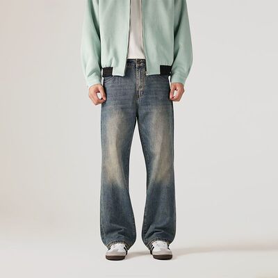 美式复古水洗宽松直筒牛仔裤男
