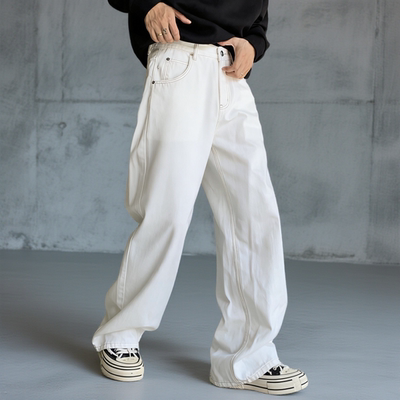 美式高街男士白色水洗阔腿牛仔裤