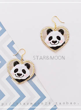 STARMOON 手工原创布艺刺绣大熊猫纯银耳饰新品手作耳环耳夹