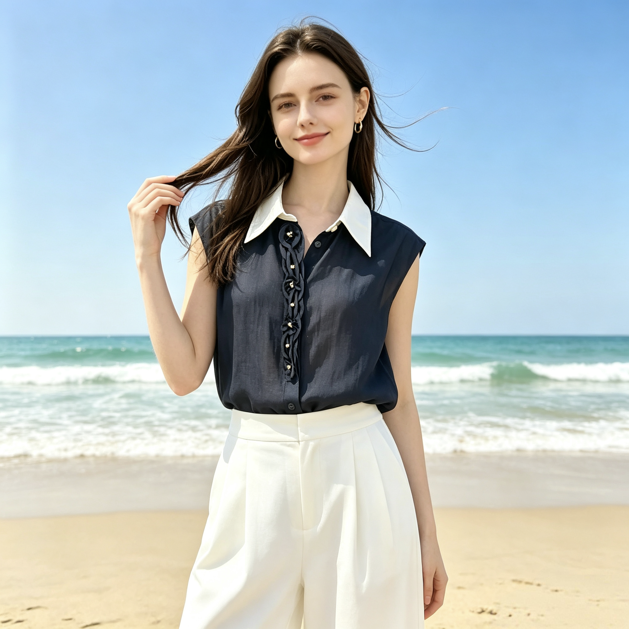 夏季新款时尚显瘦设计感无袖衬衫上衣女夏装百搭减龄上衣品牌原单