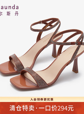 清仓 莱尔斯丹春夏新款时尚烫钻方头一字带细高跟凉鞋女鞋4M60801