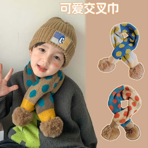 圆点洋气保暖拼色针织交叉围脖
