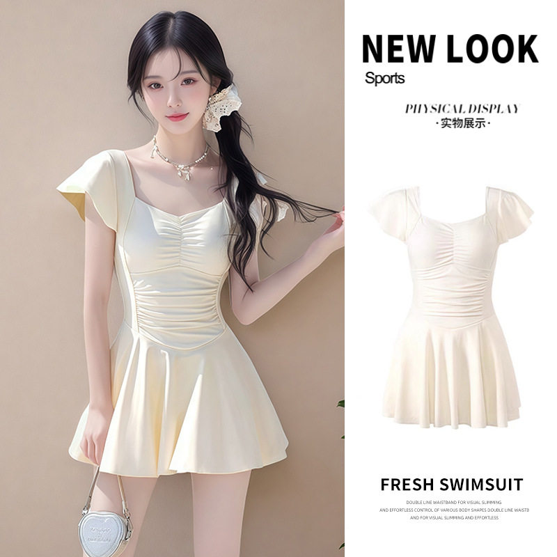 2025夏季高级感纯色聚拢显瘦保守遮肚裙式泳衣温泉度假学生泳装女