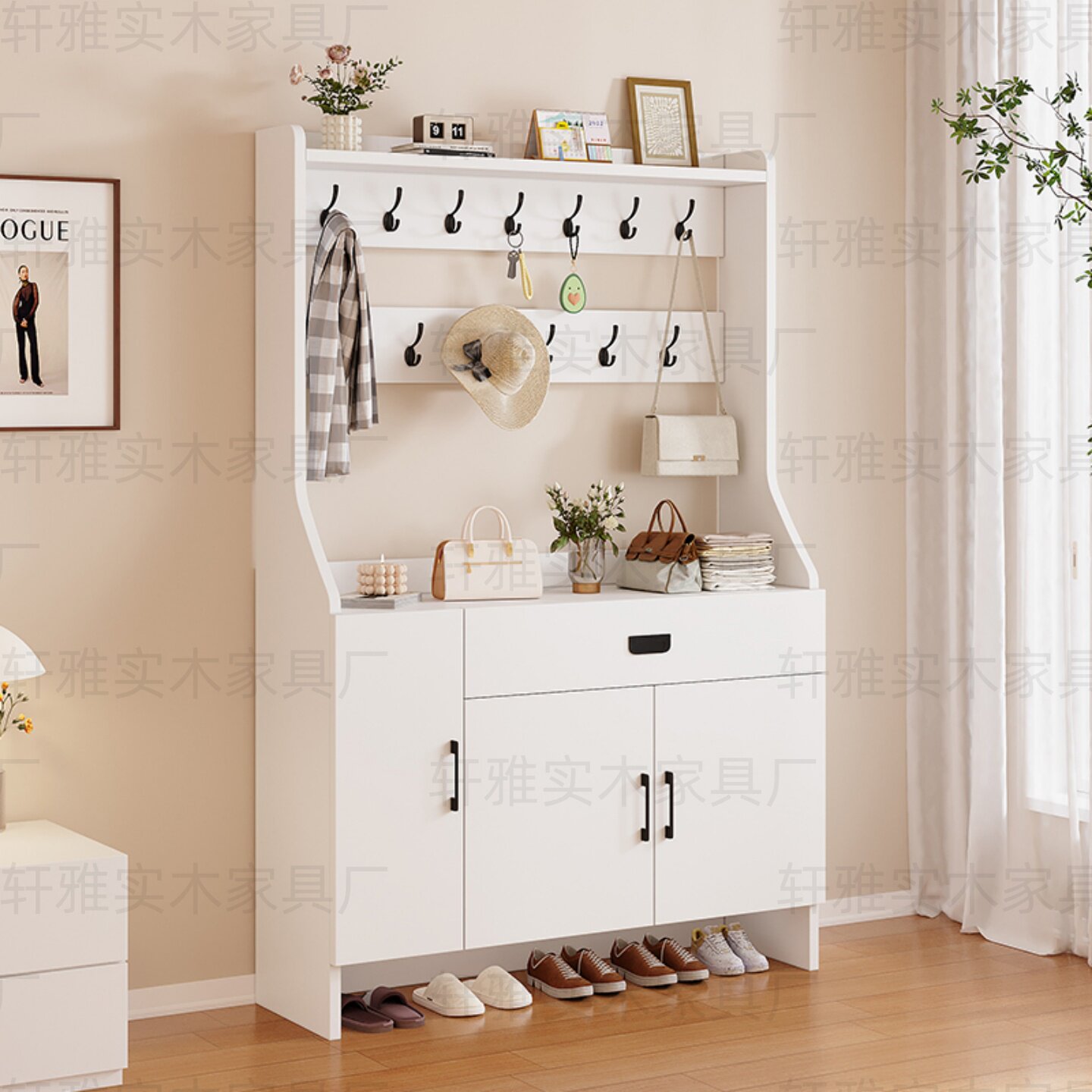 包组装实木衣帽架鞋柜一体入户门挂衣架鞋架组合门口玄关鞋柜抽屉