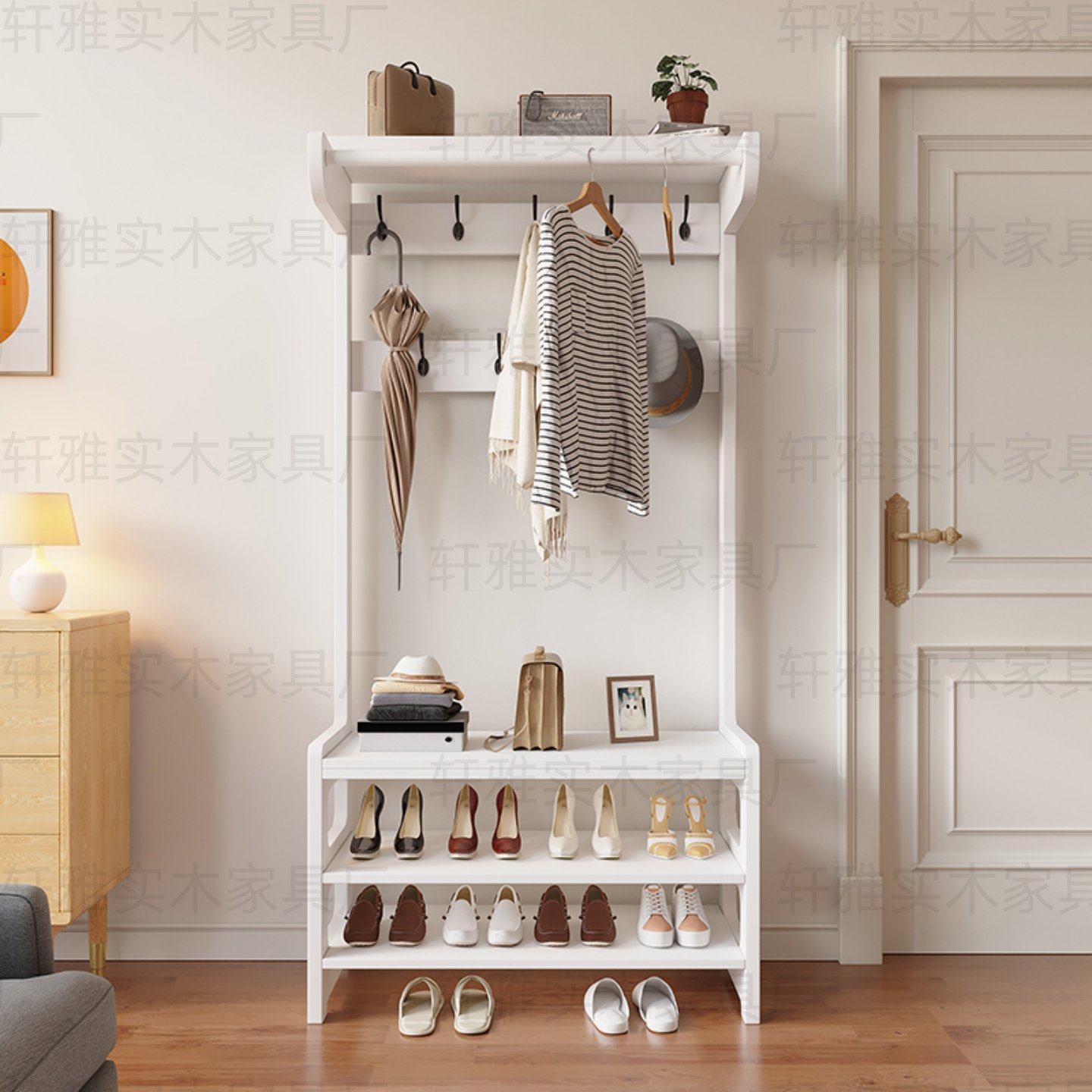 衣帽架换鞋凳一体实木组合落地挂衣架玄关多功能鞋架简约门口家用