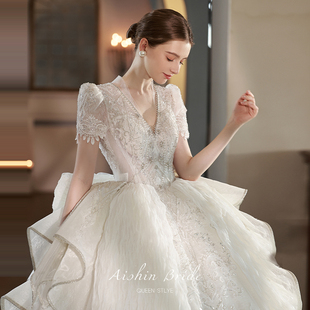 高定小众复古欧式婚纱租赁高端新娘重工v领主纱礼服出租2025新款