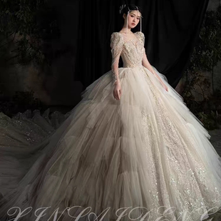 高端重工长袖kc婚纱租赁高定蓬蓬裙主纱礼服出租新娘2025新款冬天