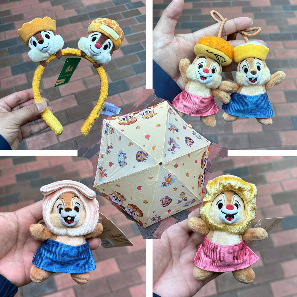 香港迪士尼乐园港式美食奇奇帝帝折叠雨伞毛绒磁石公仔头箍挂件