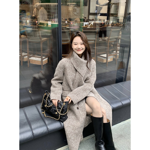 【TKIKI】高奢羊驼绒围脖设计款双面呢大衣女 秋冬质感毛呢外套