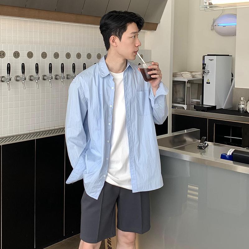 韩国男装 褶皱肌理感韩版长袖衬衫防嗮透气锦棉透气纯色简约衬衣