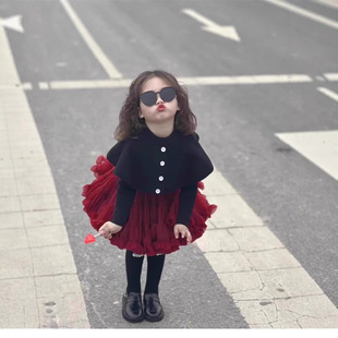 2025女童秋季新款凸凸裙套装女宝宝斗篷式套头毛衣超蓬凸凸裙套装