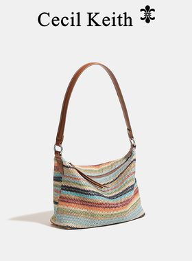 cecilKeith拉菲草彩色条纹编织腋下包单肩斜挎包夏草编包沙滩包女