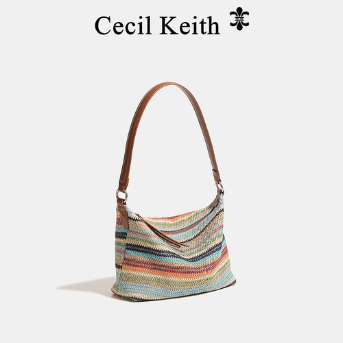cecilKeith拉菲草彩色条纹编织腋下包单肩斜挎包夏草编包沙滩包女