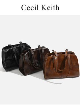 慵懒风保龄球包女复古油蜡皮真皮托特包通勤包大容量单肩斜挎包女