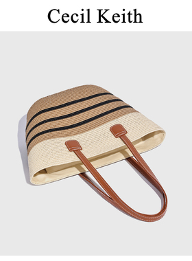 cecilKeith编织草编包通勤大容量撞色条纹单肩百搭时尚沙滩包包女