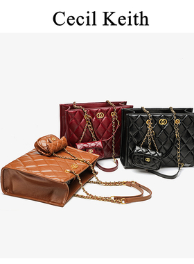 香港cecilKeith小香风2025链条菱格包大容量横款时尚单肩托特包女