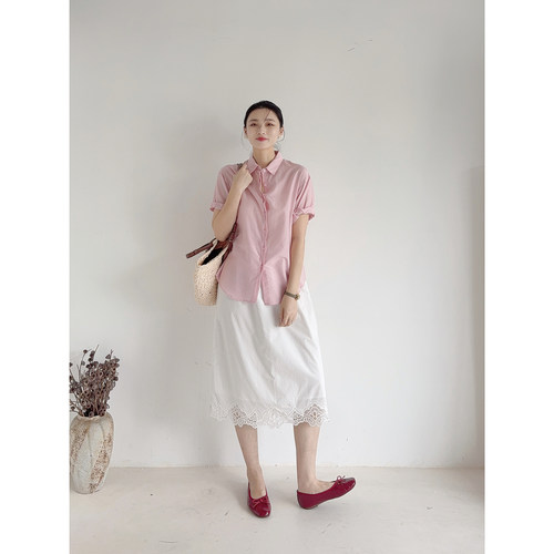 李cc·蜜桃粉云设计感卷边休闲衬衫女