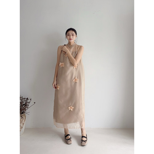 李cc·玉簪花影立体花朵新中式改良无袖旗袍女夏