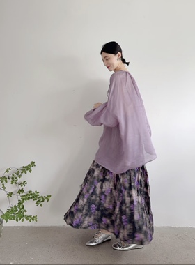 李cc·夏日复古褶皱鸢尾紫色碎花半裙