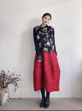 李cc·早秋国风提花中国红半身裙花苞裙