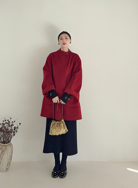 李cc·秋冬新款显白简约大气不规则双面手工红色大衣