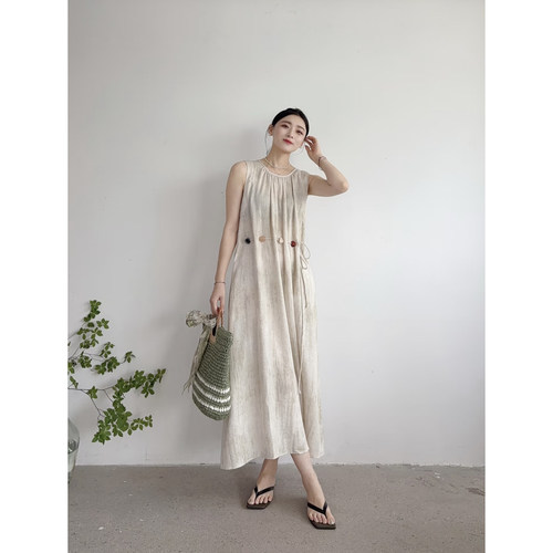 李cc·夏日小众度假风简约串珠收腰连衣裙长裙