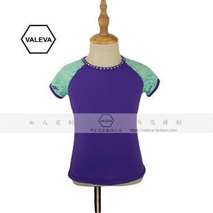 VALEVA花样滑冰训练服儿童成人女款溜冰短袖T恤蕾丝拼色瑜伽上衣
