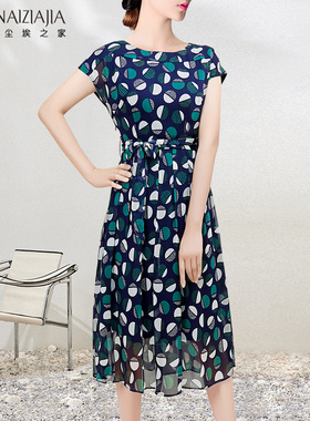 绿色波点连衣裙 圆领雪纺撞色印花女夏装2025新款高端显瘦收腰