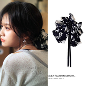 轧戏赵孝柔李婷婷同款 发夹复古法式 黑色蝴蝶结飘带后脑勺抓夹发饰