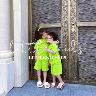 「现货」儿童女童男童宝宝兄妹圆领荧光绿色字母短袖T恤短裤套装