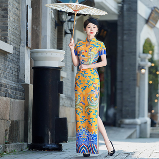高端黄色走秀旗袍裙2026新款国风改良大气模特舞台演出服优雅长款