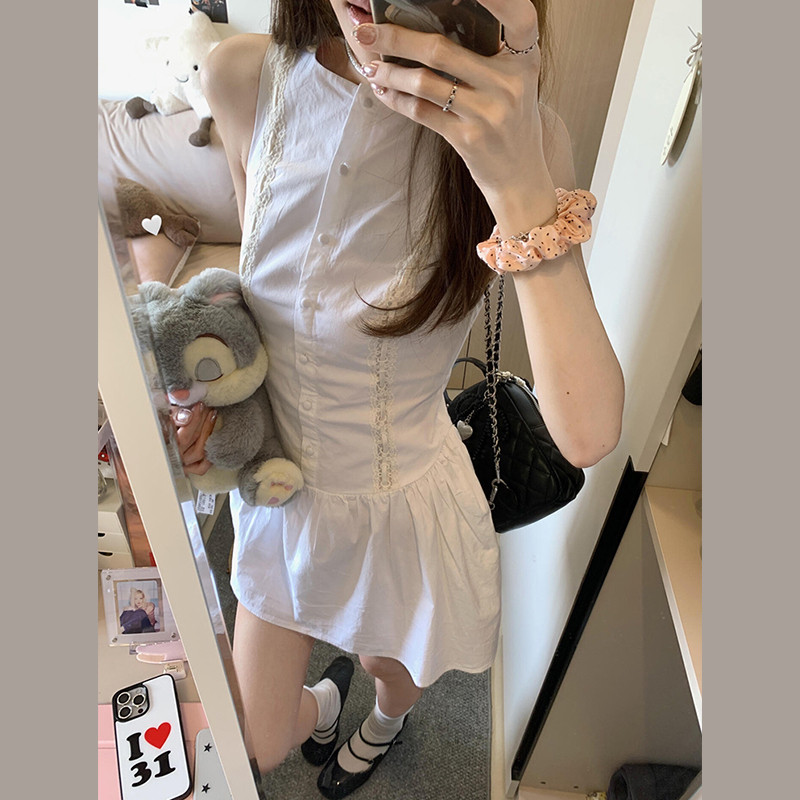 2025新款韩系无袖白色连衣裙子女夏季小个子绝美气质收腰a字短裙
