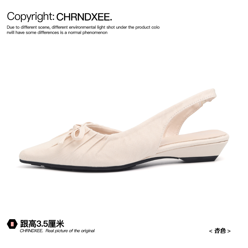 thumbnail for Sheepskin version ~ French leather pleated toe sandals for women's summer wear with skirt side wedge heel back empty single shoes