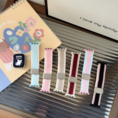 适用彩条纹尼龙磁吸扣苹果手表带