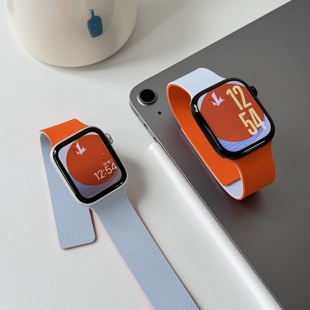 适用苹果iwatch7891011代拼色荔枝纹磁吸硅胶手表带456se2Ultra3